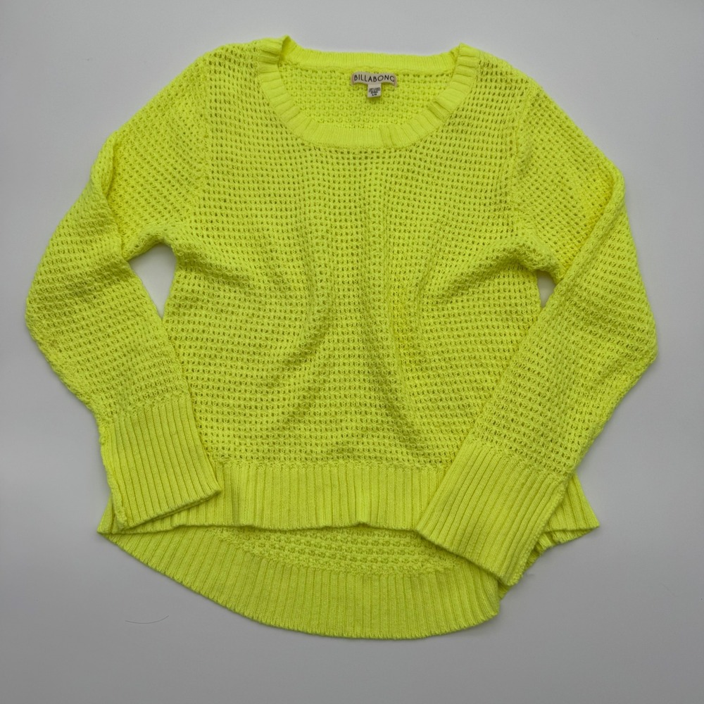 Billabong Neon Yellow Open Knit Crew Neck Beach Sweater Womens M